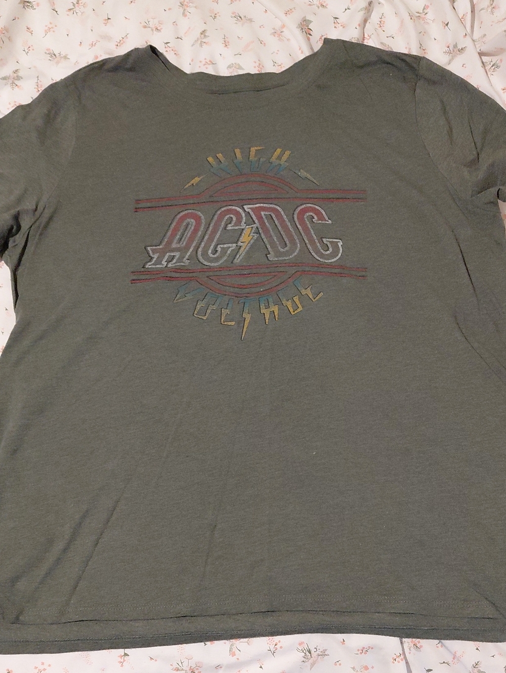Lucky Brand Olive Green Short-Sleeve Tee with Faded Multicolor AC/DC Logo